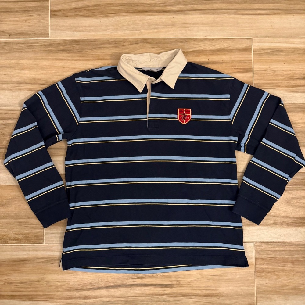 Vintage Y2K Nike Alpha Striped Rugby Shirt Navy Blue Lion Crest Mens XL